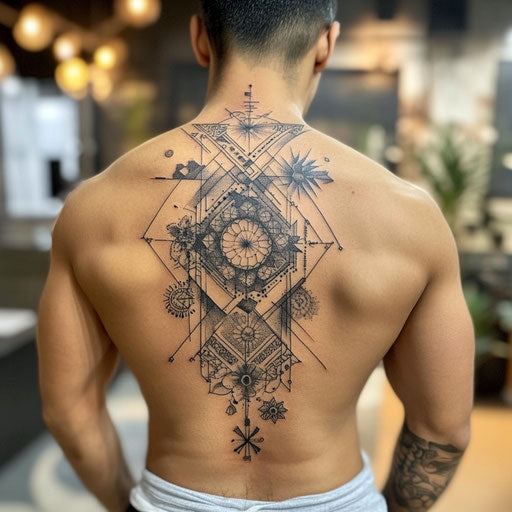 Black and grey tattoo with geometric patterns, Humberto Ramos style