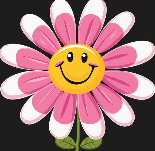 Pink and white flower with smiley face, black background, vector
