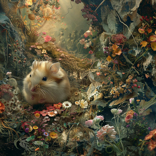 Syrian hamster in a surreal and dreamy habitat