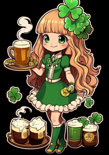Cute leprechaun girl with gold coins, rainbow pot with beer and clovers, anime style