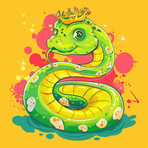 Cartoon serpent with crown in playful flat tattoo