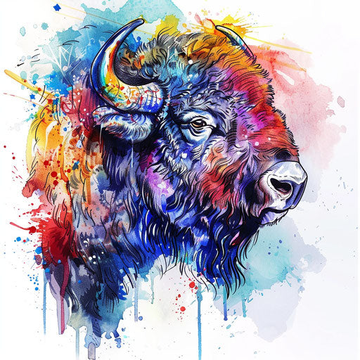 Dynamic tattoo sketch of bison with watercolor splashes