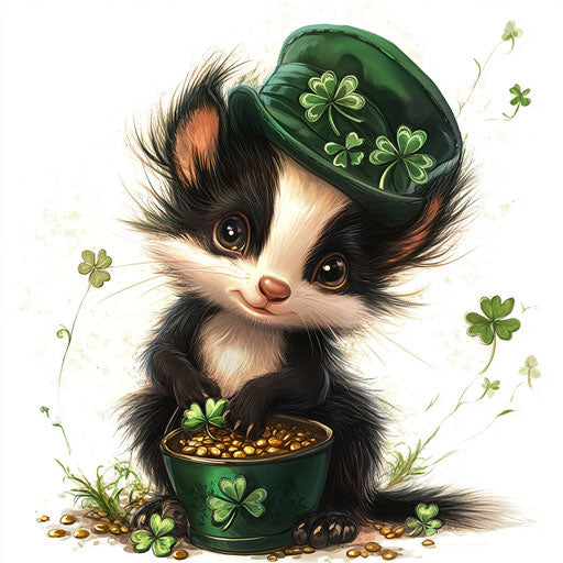 Cute baby skunk with green hat and shamrocks