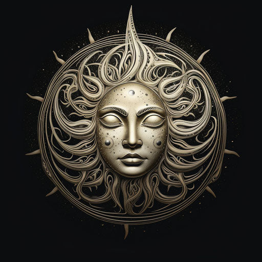 Ancient tattoo with moon crescent and sunlight rays