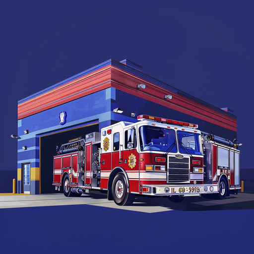 Realistic clipart of a fire station on royal blue background