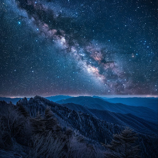 Mt LeConte, TN under a clear, starry night, the Milky Way stretching across the sky, in the style of Trey Ratcliff