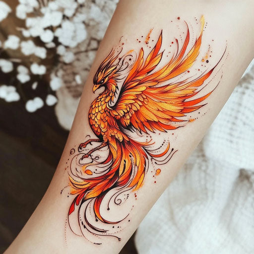 Forearm tattoo sketch with phoenix in fiery shades