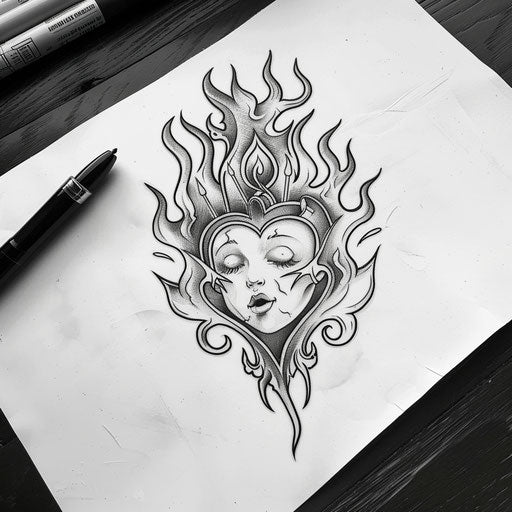 Old school flat tattoo sketch of a soul with classic heart and flame motifs