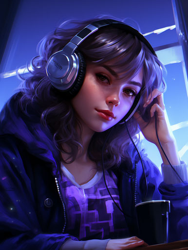 Anime girl headphones drinking dark purple gray realistic