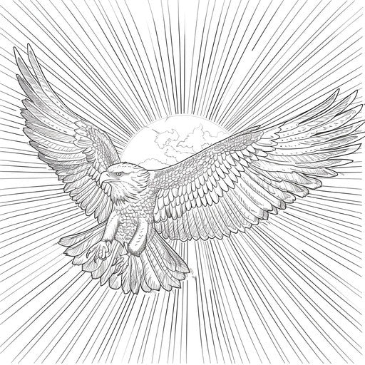 Flying eagle against sunburst background. Coloring page
