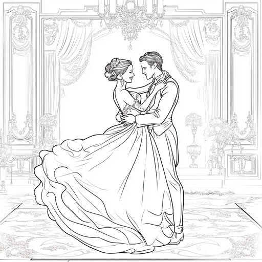 Elegant couple dancing in a ballroom, Megan Hess style