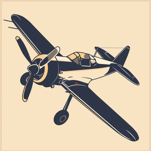 Traditional sketch of a propeller plane, navy and beige, clipart style