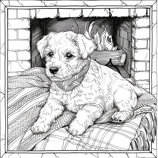 Puppy on a blanket by the fireplace