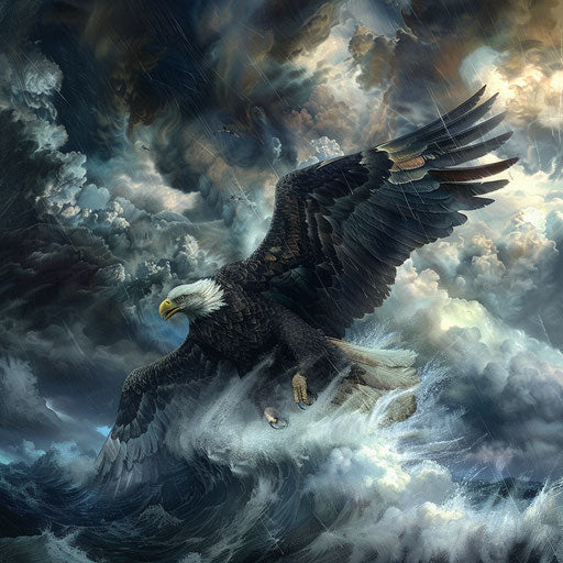 Bald eagle battling strong winds on a stormy day