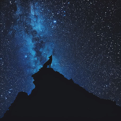 Coyote howling at the moon from a rugged mountain peak
