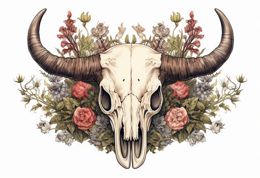 Old west style bull skull with flowers, deeply symbolic
