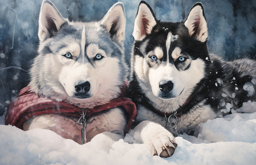 Sled dogs resting in the snow, dark maroon and light blue style