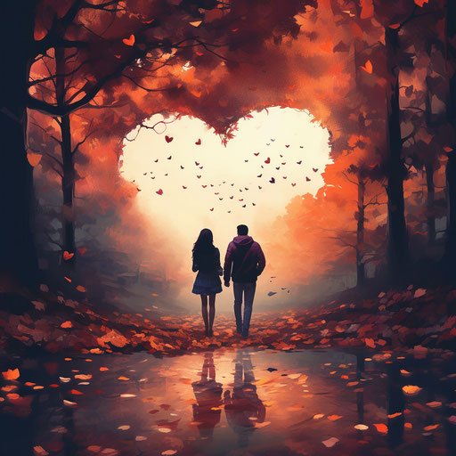 Heart-shaped autumn leaves with two people