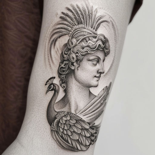 Realistic portrait of the queen of the gods with a peacock