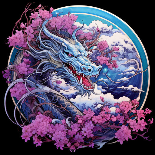 Dragon tattoo design, purple and blue style, cherry blossoms