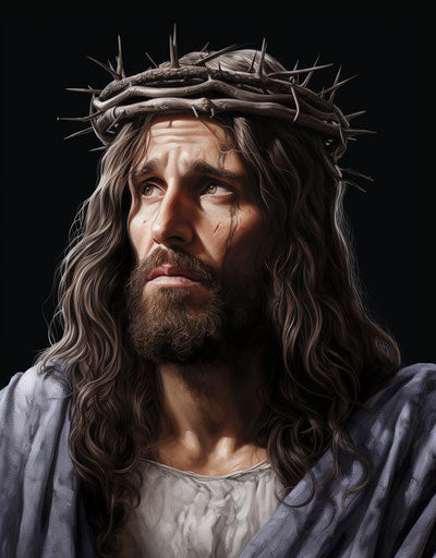 Drawing of Jesus head with crown of thorns, gravure style
