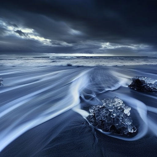 Moody twilight at Diamond Beach, Iceland with ice sculptures and dark waves