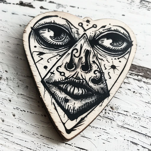 Creepy ouija board planchette, eerie tattoo on white canvas