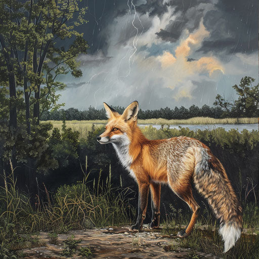 White tail fox alert near forest with approaching storm