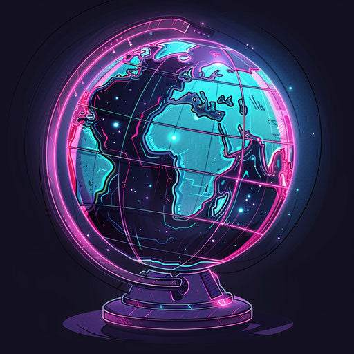 Futuristic flat tattoo sketch of a holographic globe with neon continents, vibrant pinks and blues, clipart style