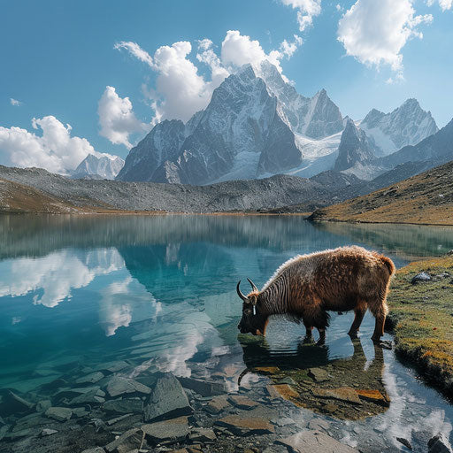 Yak grazing by a crystal clear alpine lake