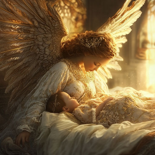 Guardian angel protecting a sleeping child