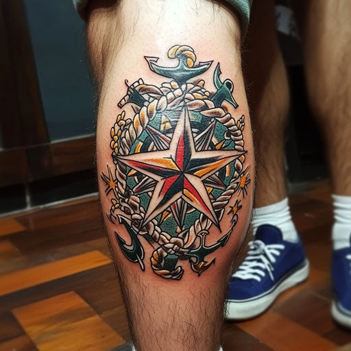 Men's knee tattoos nautical star ropes anchors Sailor Jerry style