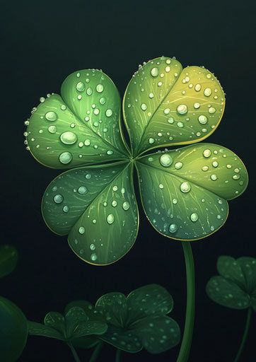 Four-leaf clover with water drops, dark background, St. Patrick's Day theme, cartoon style, mobile wallpaper, high resolution, high detail.