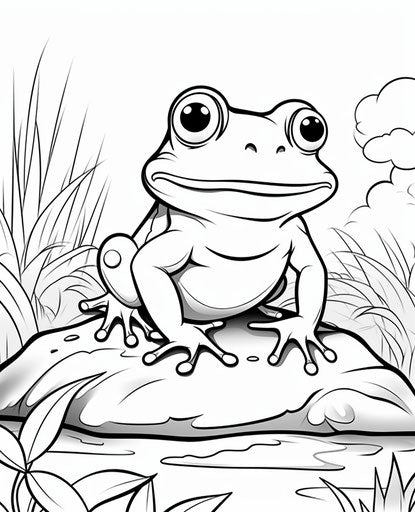 Coloring of a frog with big eyes, precise lines, light pink and white