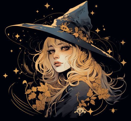 Witch tattoo design, dark beige and gold style