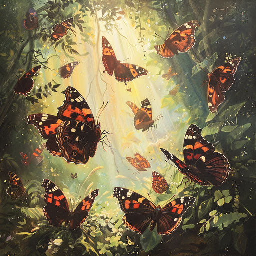 Red admiral butterfly leading a procession of various butterflies through a sun-drenched glade