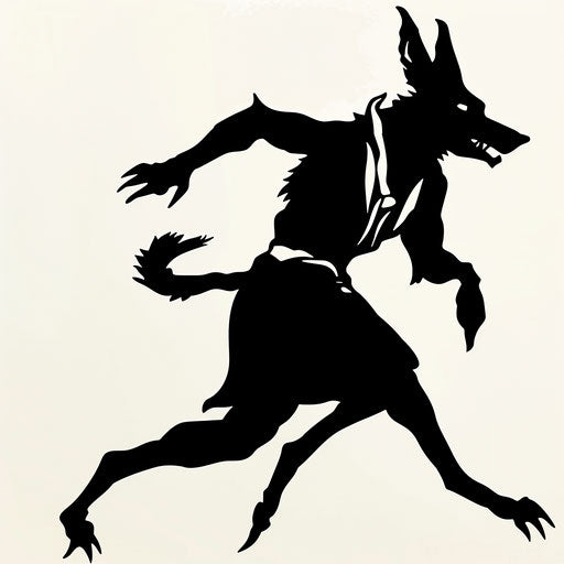 Anubis silhouette in a running pose, stencil on plain white background.