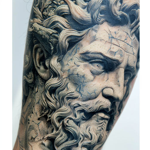 Highly detailed photorealistic tattoo of Hades' face