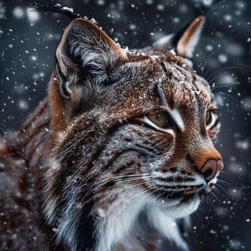 Lynx in light snow, fur adorned with magical snowflakes