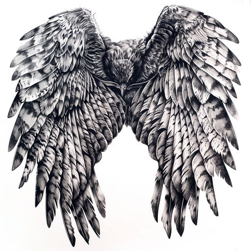 Realistic hawk wings tattoo with detailed feathers drawing