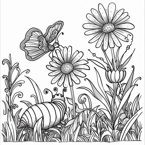 Meeting of a caterpillar and a butterfly on a flower