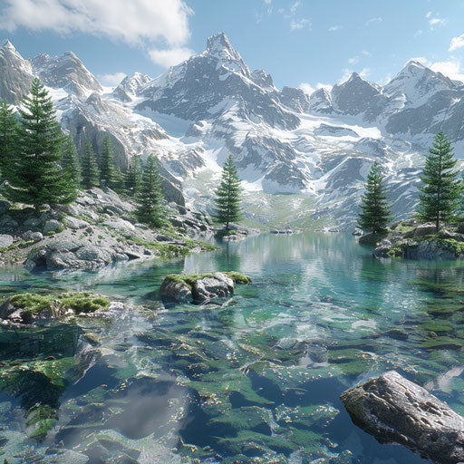 Glacial lake surrounded by snow-capped peaks