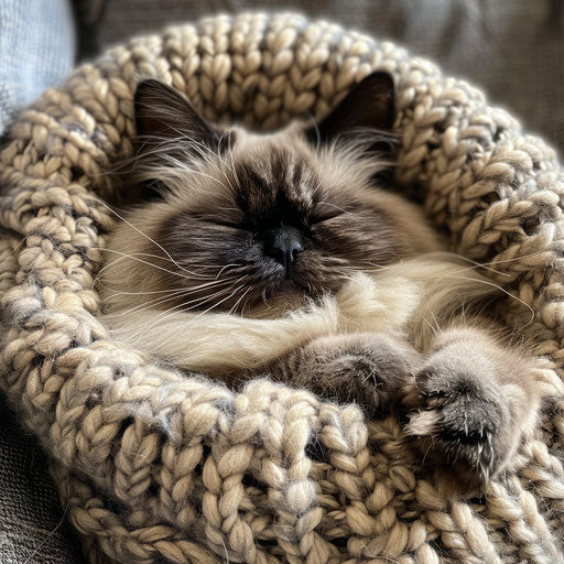 Himalayan cat in a cozy bed with a tiny blanket and pillow