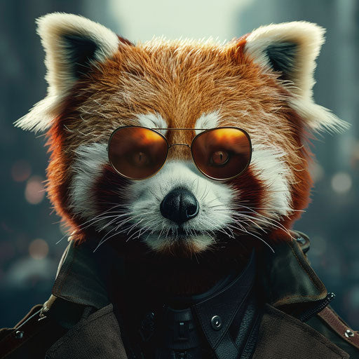 Cinematic poster of a red panda in a spy thriller movie