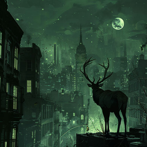 Mysterious elk in night cityscape