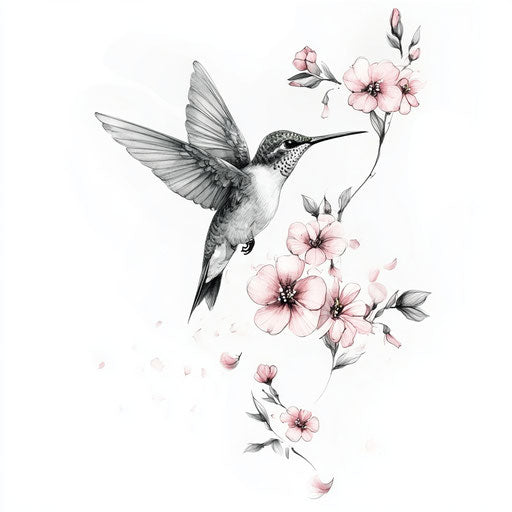 Delicate hummingbird and flowers upper arm tattoo in flat style