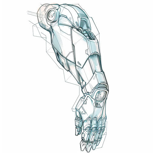 Futuristic black and white tattoo sketch of a robotic arm