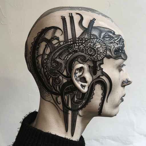 Head tattoos with dark surrealism
