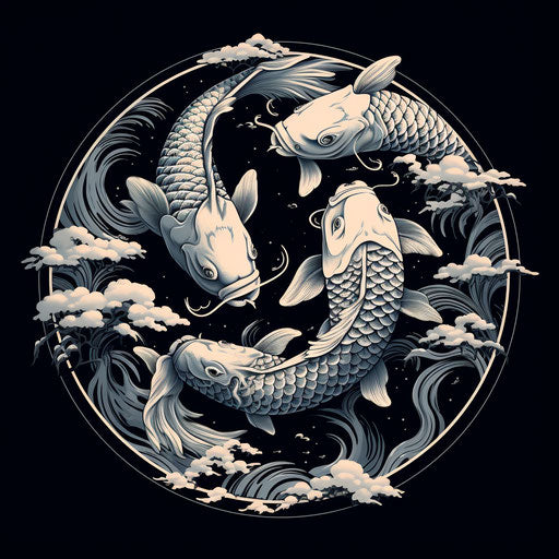 Two karate koi in a yin symbol, intricate black and white illustration style, commission for dark humor graphic prints