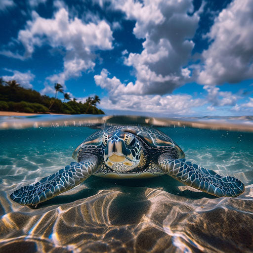 Sea turtle and reflection in clear ocean water